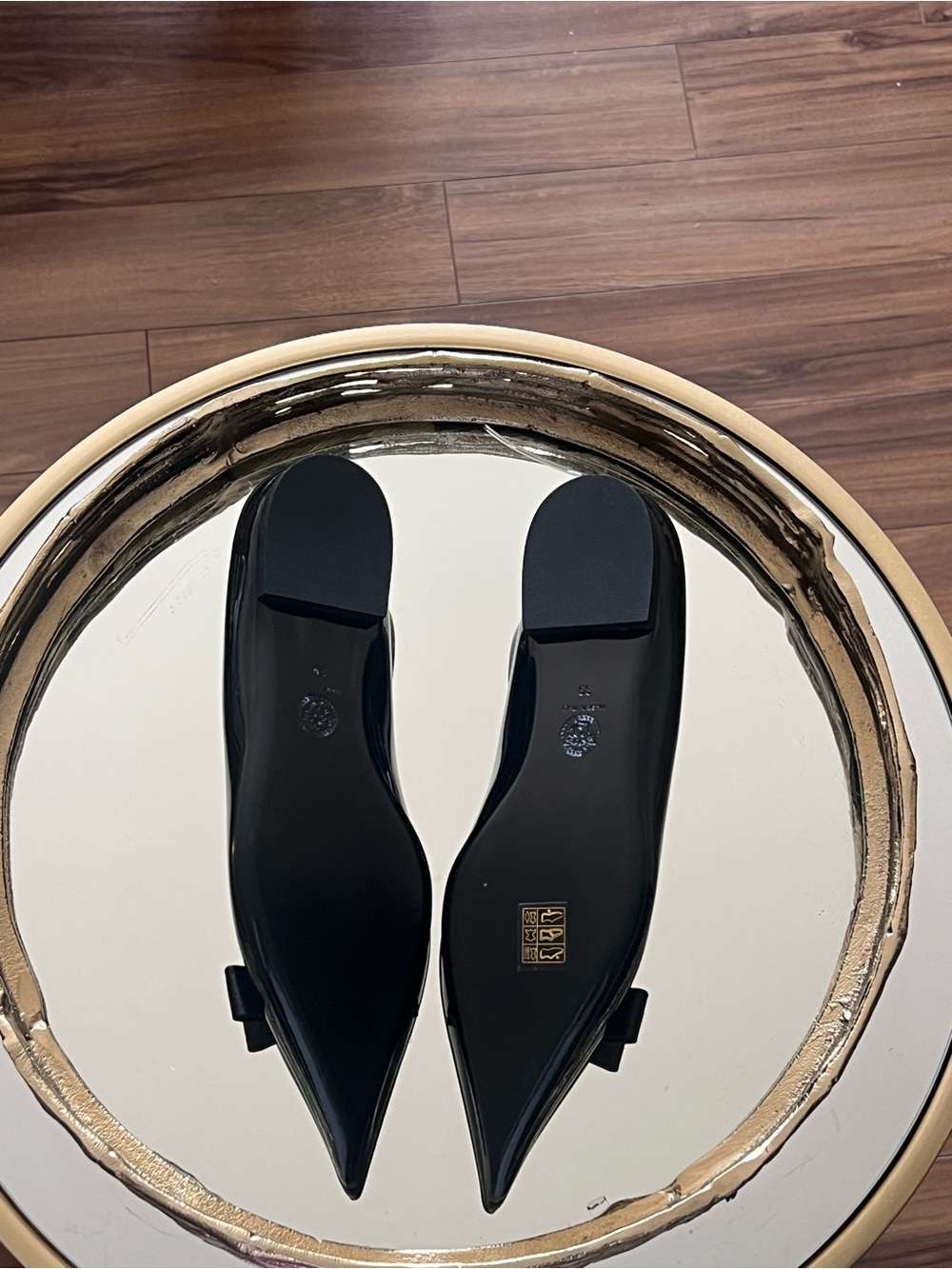 Versace Black Patent Pointed Toe Flats with Gold Medusa Medallion - Picture 5 of 13